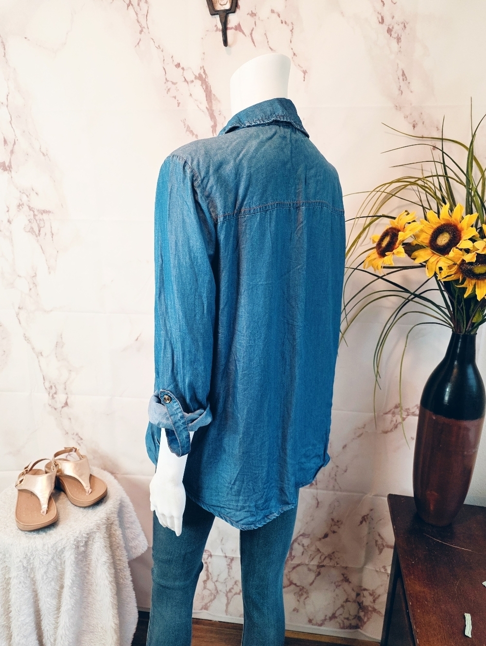 Michael Kors Chambray Lace Up Blouse Lyocell Denim Look Top Size M - Picture 5 of 7